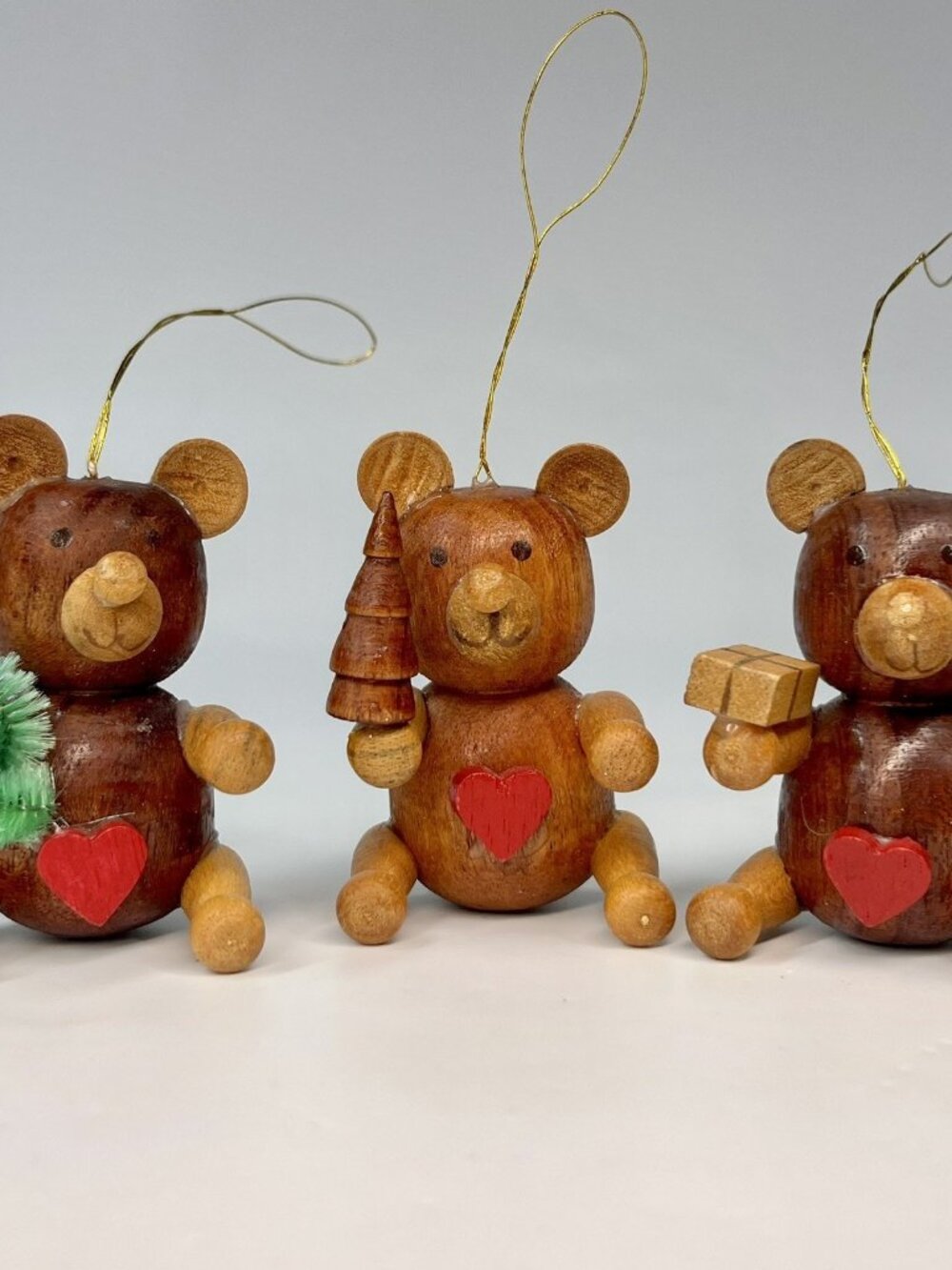 Vintage Miniature Sitting Wood Bear Red Heart 2” Christmas Ornament Lot of 3